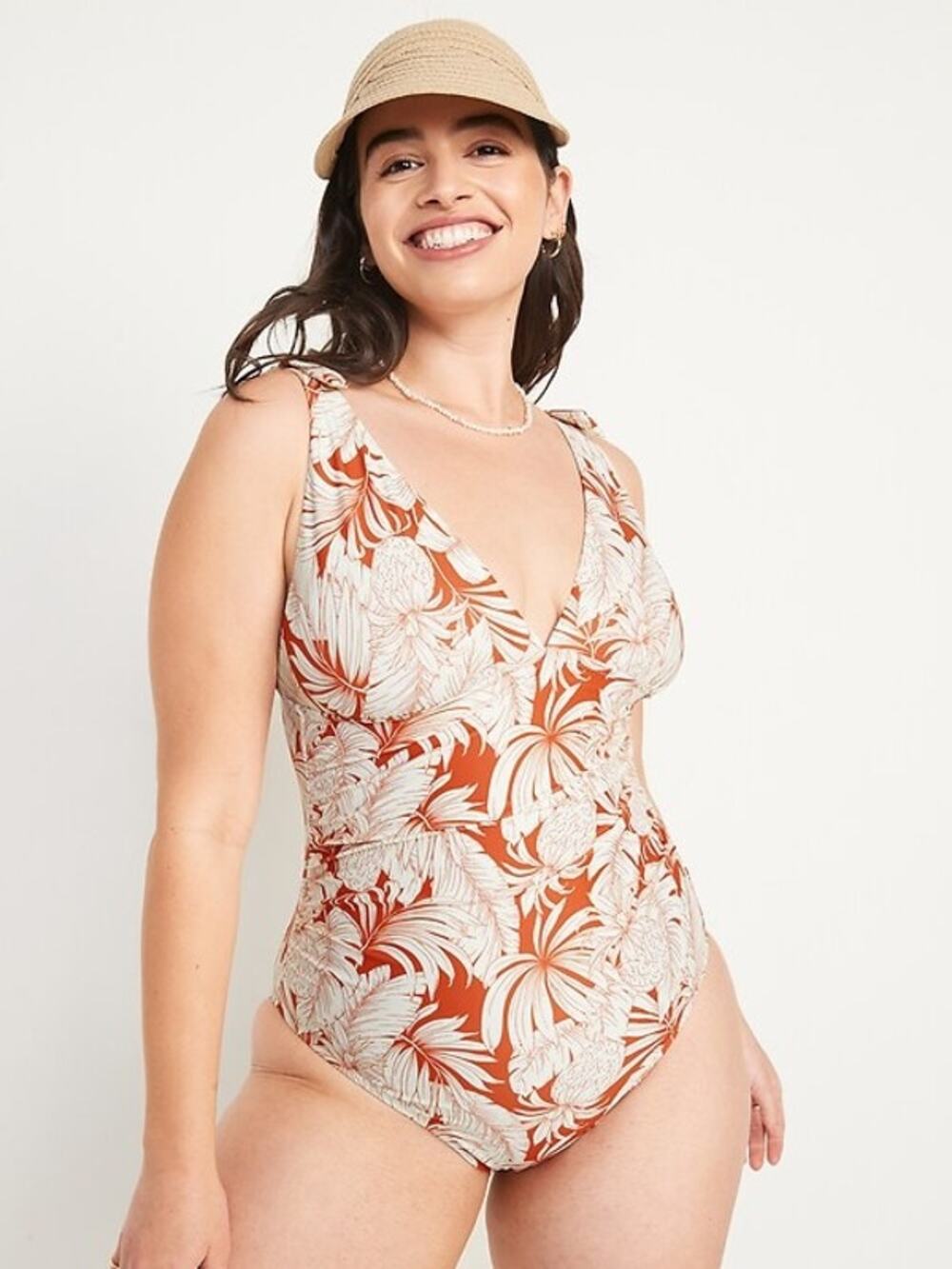 old navy one piece swim suit size XL tie shoulder plunge orange white